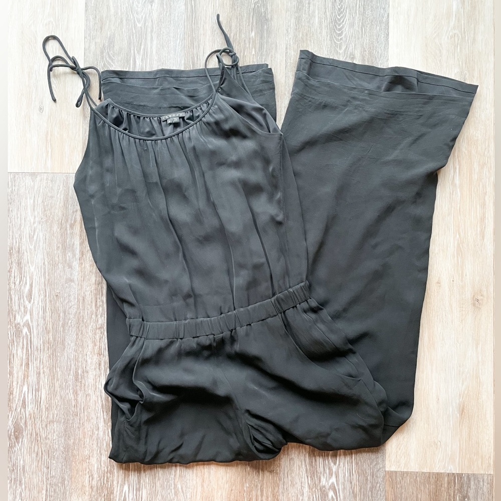 Theory wide leg flare black silk spaghetti straps jumpsuit